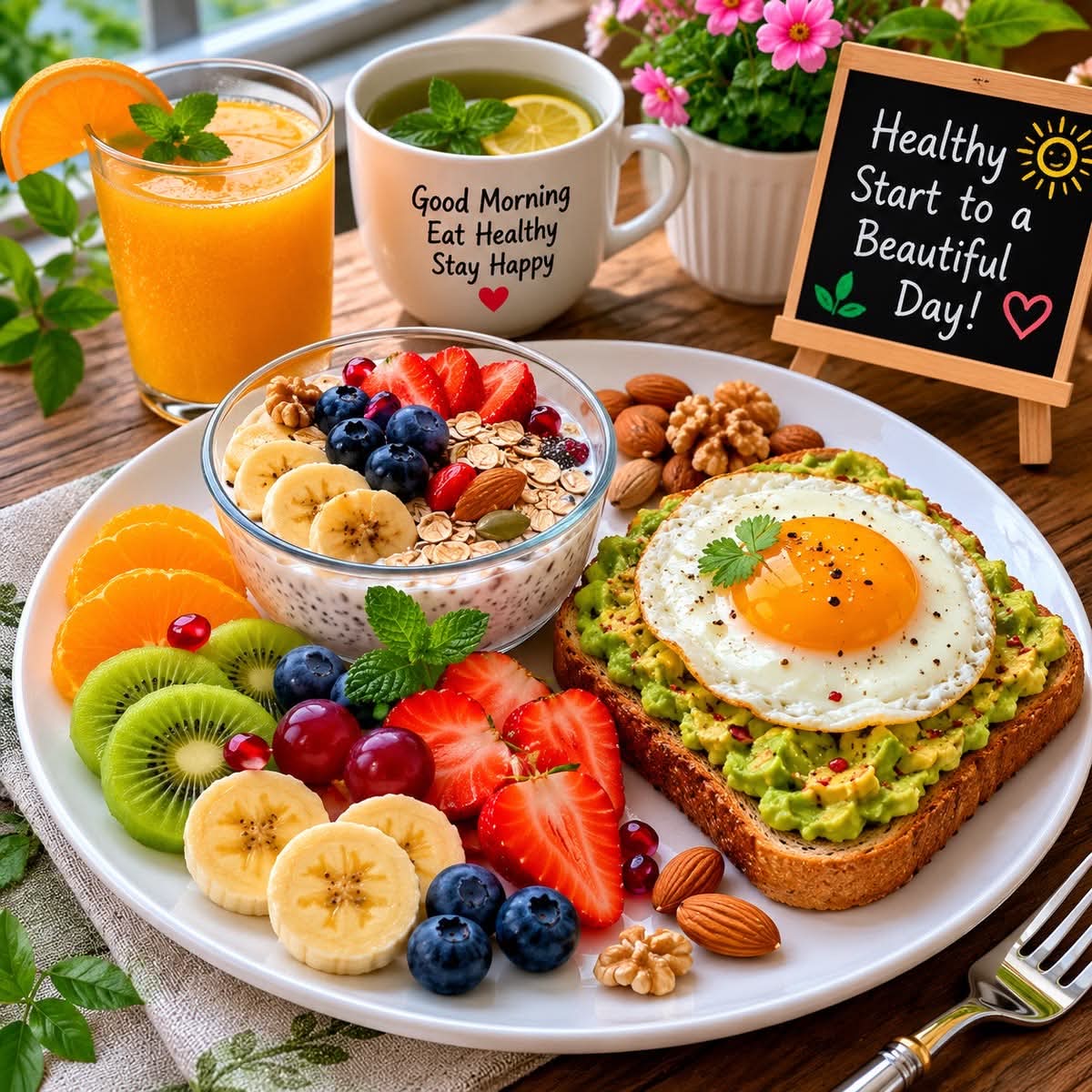 Zdravý brunch s ovocem, avokádem, vejcem, čajem a džusem