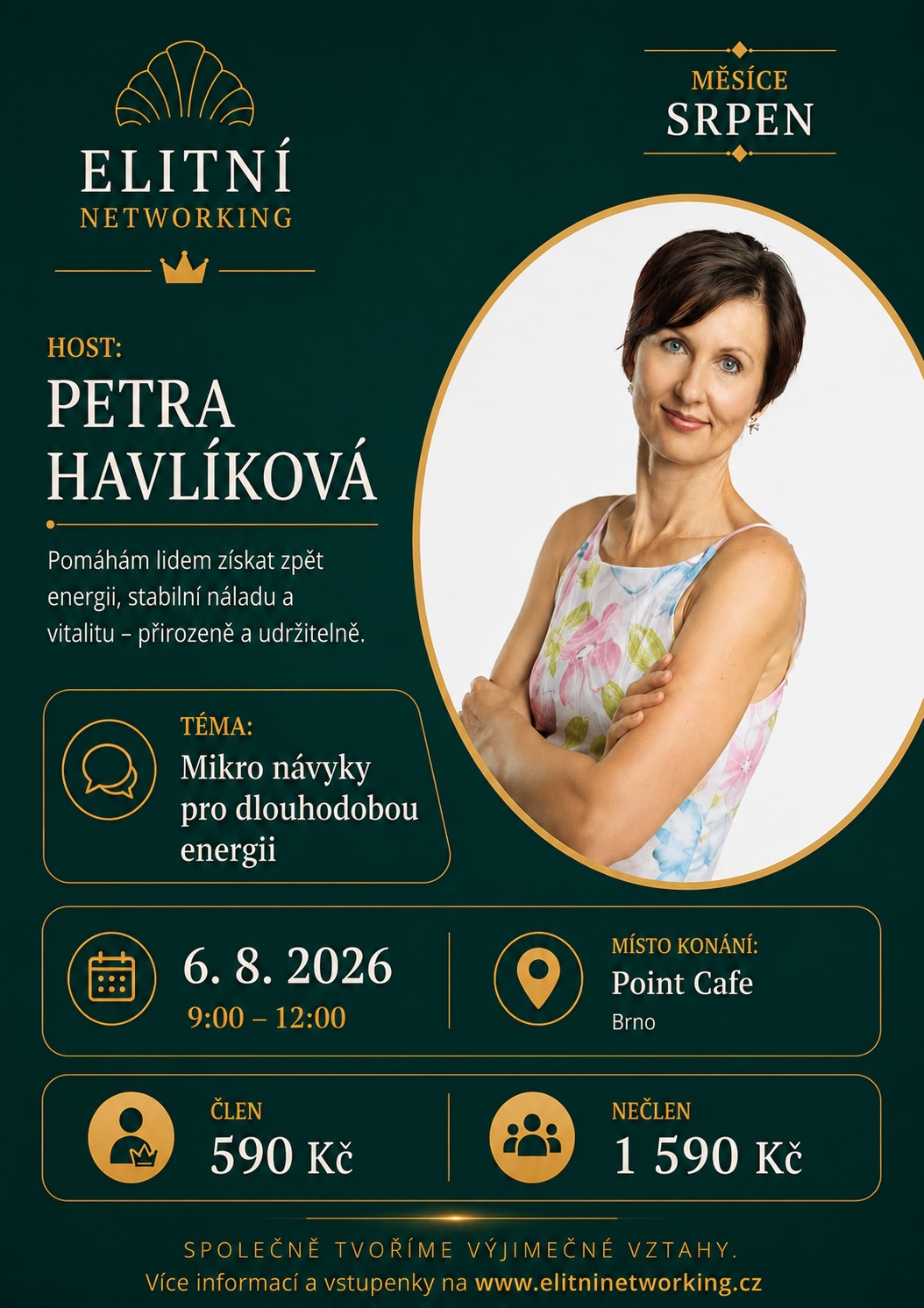 Leták k setkání 6. 8. 2026 v Brně s hostkou Petrou Havlíkovou